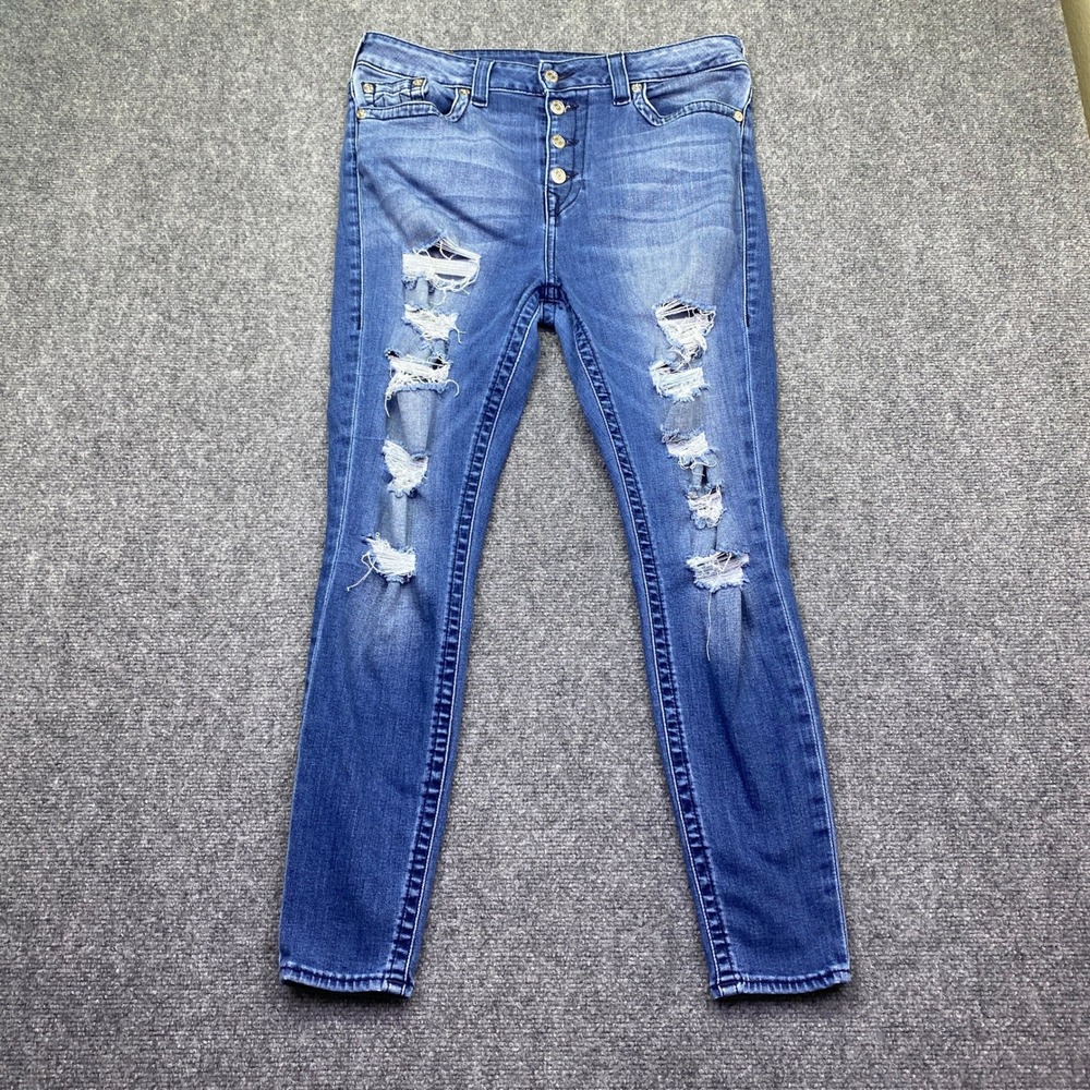 True Religion Jennie Curvy High Rise Skinny Distressed Button Fly Jeans 33‎ Blue
